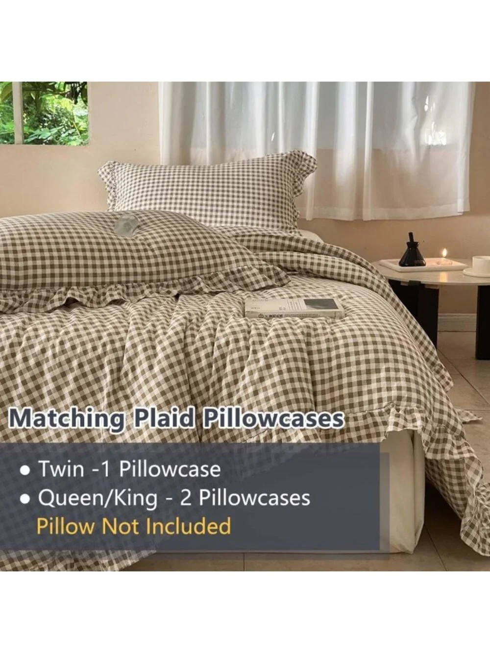 Tan Ruffled Gingham King Comforter Set | Cozy Bedding | Farmhouse Style Decor
